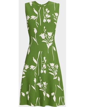 Lela Rose Floral Jacquard Knit Sleeveless A-Line Dress - Green
