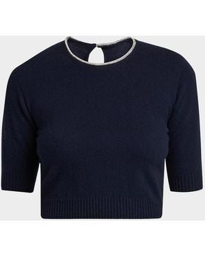 Giorgio Armani Crystal-Collar Cashmere Short-Sleeve Crop Sweater - Blue