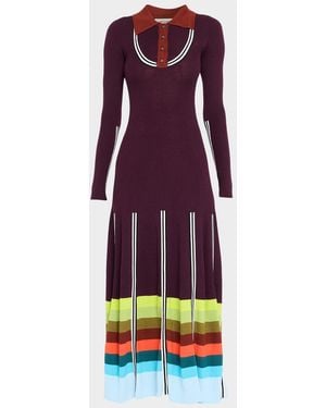 Christopher John Rogers Striped Rib Long-Sleeve Maxi Polo Dress - Purple