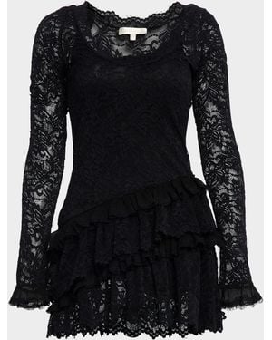 LoveShackFancy Rhea Lace Long-Sleeve Mini Dress - Black