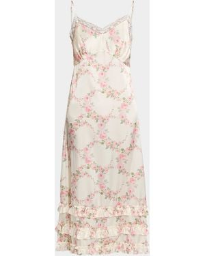 Simone Rocha Floral Satin Tiered Ruffle Midi Slip Dress - Natural
