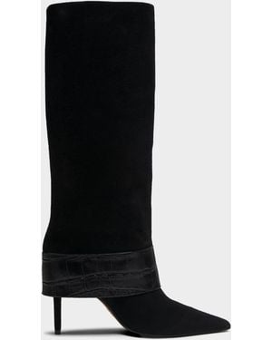 SCHUTZ SHOES Beatrix Suede Knee-High Boots With Croc-Embossed Leather Buckle - Black
