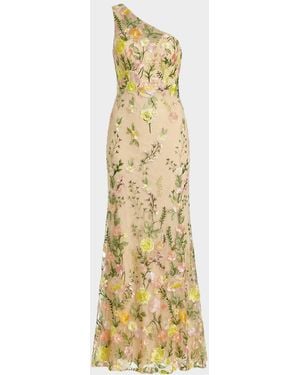 Mac Duggal One-Shoulder Floral-Embroidered Mermaid Gown - Metallic