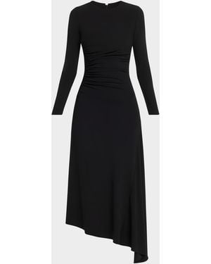 Michael Kors Ruched Long-Sleeve Asymmetric Midi Dress - Black