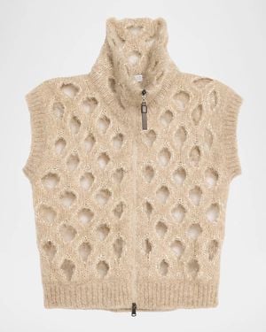 Brunello Cucinelli Turtleneck Paillette Mohair-Blend Open Knit Zip Vest - Natural