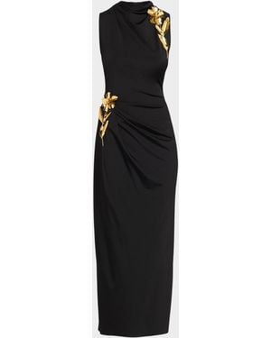 Lela Rose 3D Metallic Flower Draped Jersey Midi Dress - Black