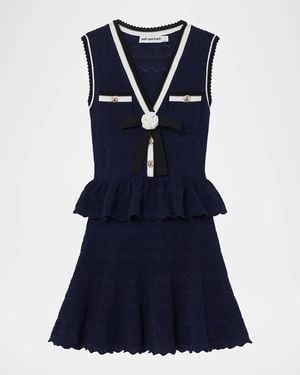 Self-Portrait Pointelle Knit Peplum Mini Dress - Blue