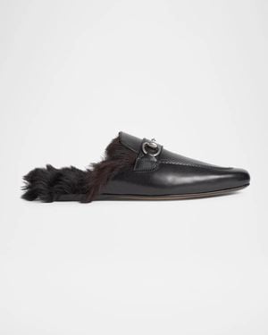 Gucci Casanova Leather &Amp; Shearling Horsebit Mules - Black