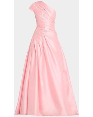 Monique Lhuillier One-Shoulder Draped Taffeta Ball Gown - Pink