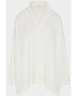 Eskandar Satin Box Check Jacquard Wide Longer-Back Double-Stand Collar Shirt (Mid Plus Length) - White