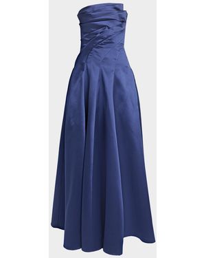 Talbot Runhof Strapless Zigzag Draped Mikado Silk Ball Gown - Blue