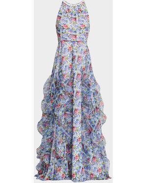 Teri Jon Sleeveless Floral Cascading Ruffle Gown - Blue