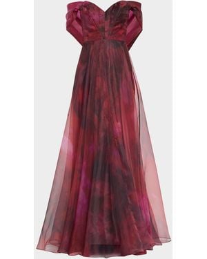 Rene Ruiz Wrap-Sleeve Off-The-Shoulder Organza Gown - Red