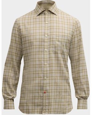 Isaia Cotton-Cashmere Plaid Casual Button-Down Shirt - Natural