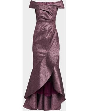Teri Jon Metallic Jacquard Ruffle High-Low Off-Shoulder Gown - Purple
