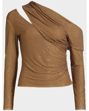 Self-Portrait Rhinestone Gathered One-Shoulder Top - Brown
