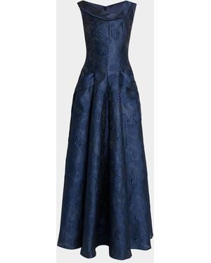 Talbot Runhof Twisted Collar Anemone Jacquard Sleeveless Gown - Blue