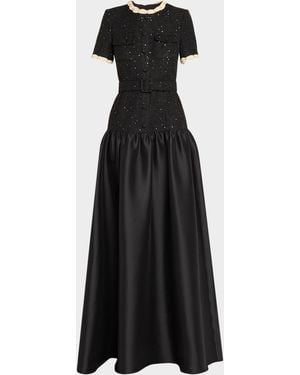 Badgley Mischka A-Line Sequin Tweed & Mikado Gown - Black