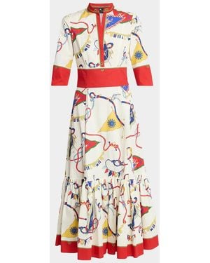 Etro Nautical-Print Cotton Poplin Elbow-Sleeve Midi Dress - White