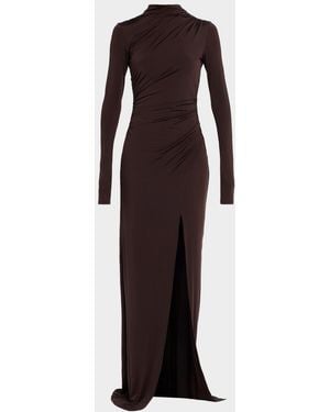 LAPOINTE Ruched Mock-Neck Jersey Column Gown - Brown