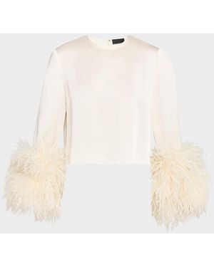 LAPOINTE Feather-Trim Long-Sleeve Crop Satin Top - Black