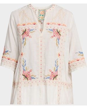 Johnny Was Embroidered V-Neck Easy Top - Natural