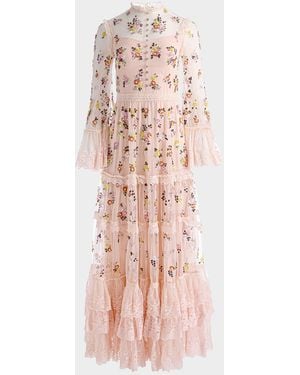 Alice + Olivia Meeko Embroidered Ruffle Sleeve Dress in White | Lyst