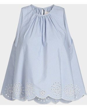 Cinq À Sept Jessa Gingham Eyelet Cotton-Blend Top - Blue