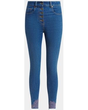 Valentino Garavani Lace-Hem Denim Skinny-Leg Ankle Jeans - Blue