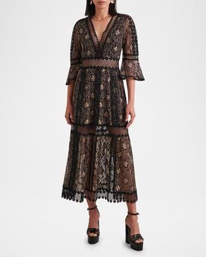 Anne Fontaine Annette Tiered Floral Lace Midi Dress - Brown