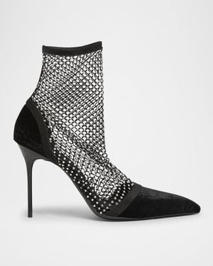 Balmain Velvet Strass Mesh Ankle Boots - Black
