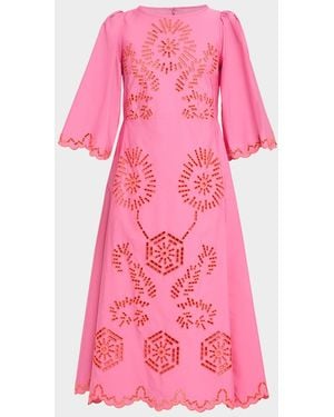 Maison Common Eyelet Embroidered Cotton 3/4-Sleeve Midi Dress - Pink