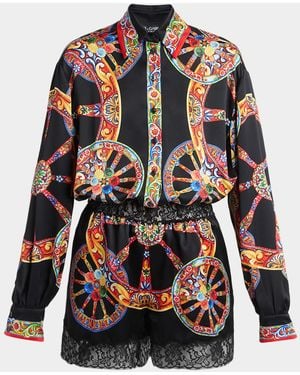Dolce & Gabbana Carretto-Print Silk Long-Sleeve Collared Romper - Multicolor