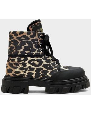 Ganni Cleated Leopard-Print Denim Ankle Boots - Black