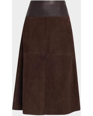 Tanya Taylor Hudson Suede Leather Combo Midi Skirt - Brown