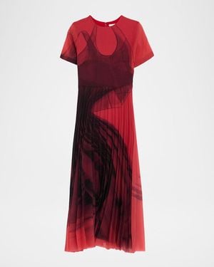Jason Wu Dancing Pleat Short-Sleeve Pleated Midi Dress - Red