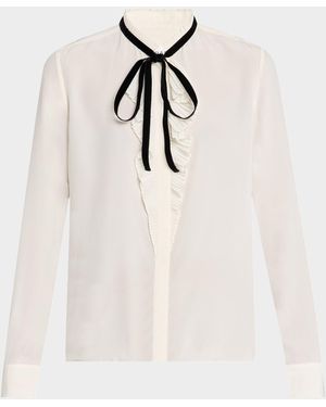 FRAME Ruffled Velvet-Tie Blouse - White