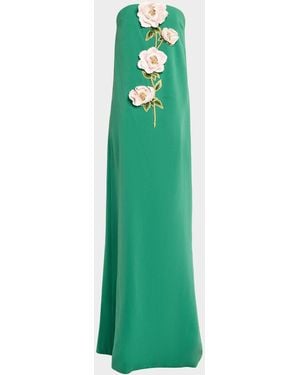 Lela Rose Peony Embroidered Strapless Crepe Gown - Green