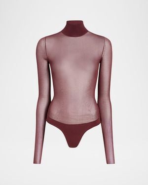 KHAITE Tallin Sheer Mesh Turtleneck Bodysuit - Pink