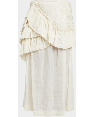Dries Van Noten Shelby Draped Ruffle Ramie Midi Skirt - White