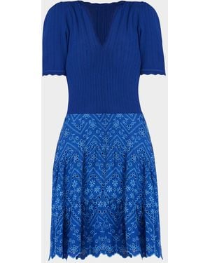 Shoshanna Fallon Eyelet-Embroidered Mixed Media Mini Dress - Blue