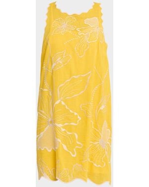 Johnny Was Floral-Embroidered Cotton Mini Shift Dress - Yellow