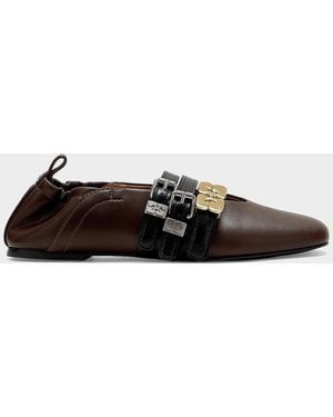 Ganni Sue Triple-Strap Leather Ballet Flats - Black