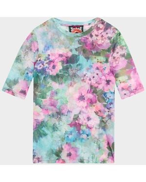 Johnny Was Elbow-Sleeve Floral Mesh Top - White
