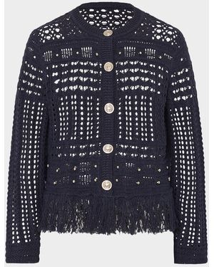 MILLY Fringed Open-Knit Cardigan - Blue