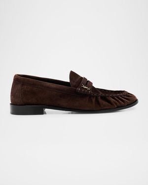Saint Laurent Suede Cassandre Penny Loafers - Brown