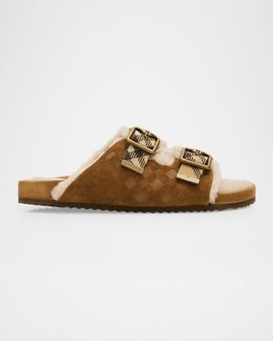 Burberry Urchin Shearling-Lined Suede Dual Buckle Slide Sandals - Brown