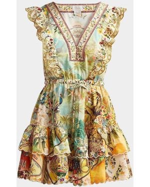 CAMILLA Printed Cotton Tiered Mini Dress - Metallic