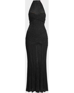 Balmain Glittered Crisscross Semi-Sheer Halter Dress - Black