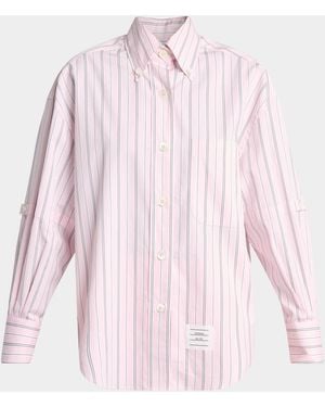 Thom Browne Sleeve-Strap Striped Cotton Poplin Button-Down Shirt - Pink